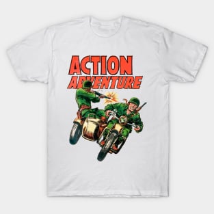 Retro Sidecar Motorcycle Soldiers Military Army Action 1955 Adventure Vintage Comic Book Cover T-Shirt